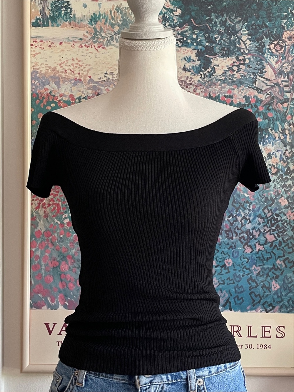 BCBGMaxAzria Black Ribbed Off The Shoulder Fitted Y2K Going Out Dark Feminine